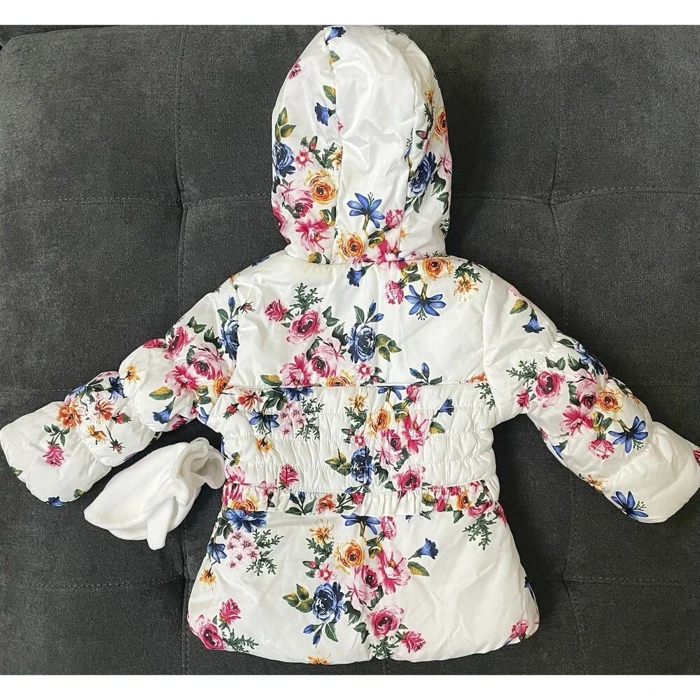 Rothschild 18M Floral Hooded Puffer Coat Warm Fleece Lined, Mittens Attatched